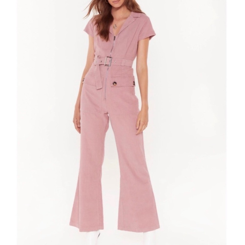 Nasty Gal Pink Corduroy Short Sleeve Jumpsuit Romper Belted Wide Leg Flare Pants